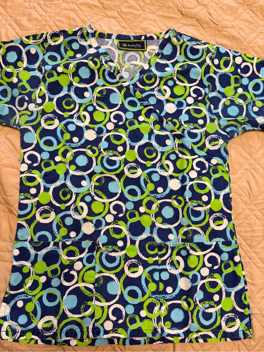 Bonita Women's Navy Blue & Green Printed Scrub Top